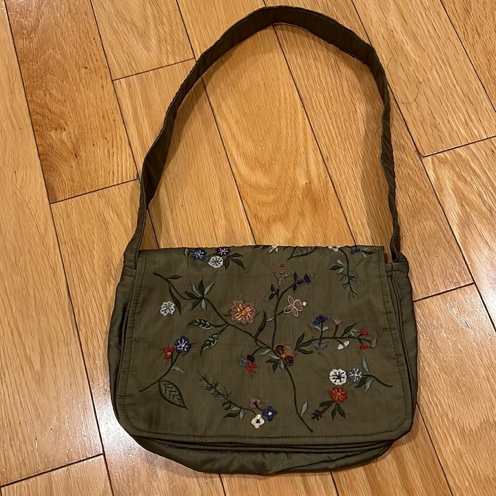 Vintage Olive Green Floral Embroidered Silk Purse